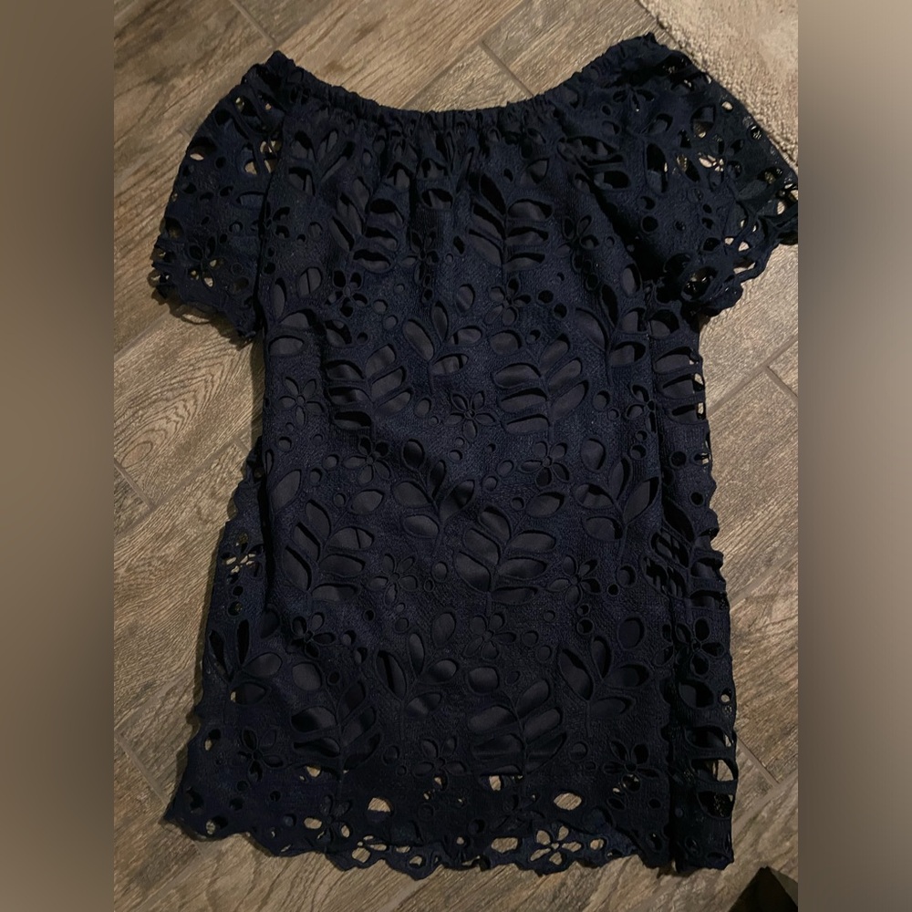 NWT Pretty Garden navy Blue eyelet detailed off the shoulder dress size L
